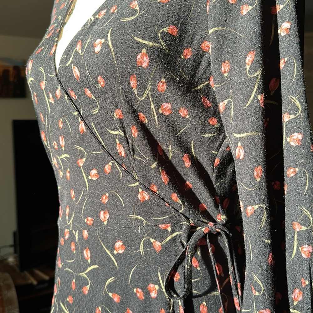 Black Flower Print Wrap Dress